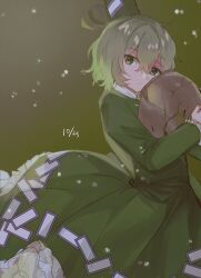 Rule 34 | black headwear, broken, closed mouth, commentary request, dated, dress, frilled dress, frills, green dress, green eyes, green hair, hair between eyes, hat, highres, holding, holding jar, jar, kalmeyaki, long sleeves, looking at viewer, ofuda, ofuda on clothes, short hair, soga no tojiko, tate eboshi, touhou