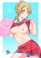 Rule 34 | 10s, 1girl, akira miku ver, ayase eli, bad id, bad pixiv id, bare shoulders, blonde hair, blouse, blue background, blue eyes, blush, border, breasts, breasts out, cheerleader, clothes lift, cowboy shot, flashing, gradient background, hair between eyes, hair ornament, hair scrunchie, highres, large breasts, lifted by self, looking at viewer, love live!, love live! school idol festival, medium hair, miniskirt, mole, mole on breast, navel, nipples, no bra, outside border, parted lips, pom pom (cheerleading), ponytail, red shirt, scrunchie, shirt, shirt lift, signature, simple background, skirt, sleeveless, sleeveless shirt, solo, sparkle, sparkle background, standing, white background, white border