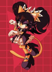 Rule 34 | 1girl, :3, absurdres, animal ears, animal nose, beads, bell, black dress, black hair, body fur, bow, cat ears, cat girl, cat tail, clenched hands, closed mouth, commission, cross, dress, eyeshadow, female focus, frilled dress, frills, furry, furry female, gloves, goth fashion, grid background, hair bow, hairband, half-closed eyes, hands up, happy, high heels, highres, honey the cat, jingle bell, knees together feet apart, latin cross, layered dress, leg up, long hair, looking to the side, makeup, nano (nanolovesyou), neck bell, paw pose, platform footwear, puffy short sleeves, puffy sleeves, purple bow, purple eyeshadow, purple hairband, red background, short dress, short sleeves, sidelocks, smile, solo, sonic (series), spiked footwear, standing, standing on one leg, tail, tongue, tongue out, twintails, two-tone fur, white fur, white gloves, yellow eyes, yellow fur