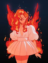 Rule 34 | 1girl, black background, closed eyes, cowboy shot, cropped legs, dress, fiery hair, fiery wings, fire, highres, meyoco, original, pointy ears, puffy short sleeves, puffy sleeves, short sleeves, simple background, smile, solo, white dress, wings