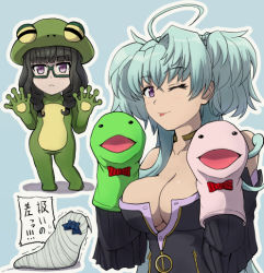 Rule 34 | 10s, 3girls, :p, ahoge, bad id, bad pixiv id, bare shoulders, black-framed eyewear, blue background, blue hair, blunt bangs, bow, bowtie, breasts, cagliostro (symphogear), chibi, cleavage, commentary, detached sleeves, dual wielding, frog, hair bondage, hand puppet, holding, large breasts, long hair, looking at viewer, multiple girls, natsutarou, no bra, one eye closed, prelati (symphogear), puppet, purple eyes, red bow, red bowtie, saint-germain (symphogear), senki zesshou symphogear, simple background, striped bow, striped bowtie, striped clothes, tongue, tongue out, two side up