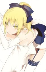 Rule 34 | 1girl, artoria pendragon (all), artoria pendragon (fate), bare shoulders, bent over, blonde hair, blue bow, blush, bow, bracelet, breasts, choker, cleavage, colored eyelashes, detached collar, downblouse, dress, elbow gloves, fate/unlimited codes, fate (series), garter straps, gloves, green eyes, hair between eyes, hair bow, jewelry, bridal garter, lpip, official alternate costume, ponytail, saber (fate), saber lily, short hair, simple background, small breasts, smile, solo, strapless, strapless dress, thighs, white background, white dress, white gloves, white legwear