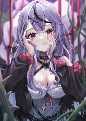 Rule 34 | belt, black belt, black collar, bow, breasts, camisole, cleavage, collar, frilled camisole, frills, grey hair, hair between eyes, hair ornament, hands on own face, heart collar, heart pendant, highres, hololive, large breasts, looking at viewer, multicolored hair, nail polish, off-shoulder jacket, off shoulder, red eyes, red nails, sakamata chloe, shigiroid, streaked hair, virtual youtuber, x hair ornament