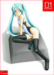 Rule 34 | aqua eyes, aqua hair, competition swimsuit, hatsune miku, long hair, one-piece swimsuit, solo, swimsuit, thighhighs, tk4, twintails, vocaloid