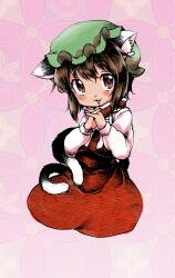 Rule 34 | 1girl, :d, animal ear fluff, animal ear piercing, animal ears, blush, brown eyes, brown hair, cat ears, cat tail, chen, commentary request, dress, earrings, floral background, full body, gradient background, green hat, hands up, hat, interlocked fingers, jewelry, long sleeves, looking at viewer, mob cap, multiple tails, nail polish, nekomata, open mouth, puffy long sleeves, puffy sleeves, purple background, raino, red dress, red nails, short hair, simple background, single earring, sitting, smile, solo, tail, touhou, two tails