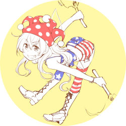 Rule 34 | 1girl, adapted costume, alternate legwear, american flag legwear, bent over, boots, circle, clownpiece, cross-laced footwear, dra (area-s), fairy wings, grin, hat, jester cap, lace-up boots, long hair, looking at viewer, polka dot, short shorts, shorts, smile, solo, striped clothes, striped thighhighs, teeth, thighhighs, torch, touhou, wings