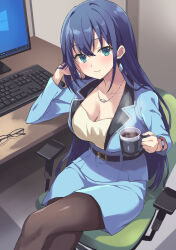 Rule 34 | 1girl, black pantyhose, blue hair, blue jacket, blue skirt, blush, breasts, business suit, cleavage, coffee mug, collarbone, commentary, computer, cup, disposable cup, earrings, engage kiss, unworn eyewear, formal, glasses, green eyes, hand on own face, highres, holding, holding cup, jacket, jewelry, keyboard (computer), large breasts, long hair, looking at viewer, monitor, mug, necklace, pantyhose, pencil skirt, rasahan, revision, skirt, smile, solo, suit, watch, wristwatch, yuugiri ayano