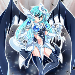 Rule 34 | 1girl, armor, blue hair, breasts, claws, duel monster, female focus, gradient background, long hair, malefic stardust dragon, mtu (orewamuzituda), open mouth, personification, solo, tail, wings, yellow eyes, yu-gi-oh!, yu-gi-oh! 5d&#039;s