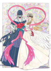 Rule 34 | 2girls, angel devil (chainsaw man), angel wings, angewomon, bare shoulders, black gloves, black mask, blonde hair, blush, bouquet, breasts, colored skin, covered eyes, digimon, digimon (creature), dress, feathered wings, flower, full body, futa yuri ryona, gloves, grey hair, grey skin, heart, helmet, helmet over eyes, highres, holding, holding bouquet, ladydevimon, large breasts, long dress, long hair, multiple girls, off-shoulder dress, off shoulder, pink ribbon, red flower, red rose, ribbon, rose, wedding dress, white dress, white gloves, wings, yuri