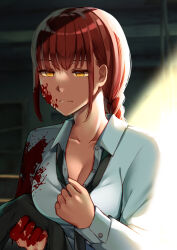 Rule 34 | 1girl, adjusting clothes, adjusting necktie, black necktie, blood, blood on clothes, blood on face, blood on hands, braid, braided ponytail, breasts, chainsaw man, cleavage, closed mouth, collarbone, collared shirt, commentary request, expressionless, indoors, large breasts, makima (chainsaw man), medium breasts, necktie, red hair, ringed eyes, shirt, solo, uin39, white shirt, yellow eyes