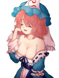 Rule 34 | 1girl, bad id, bad pixiv id, bare shoulders, blue kimono, breasts, cleavage, closed eyes, frilled kimono, frilled sleeves, frills, hand up, hat, highres, holding, holding own hair, japanese clothes, kimono, large breasts, long sleeves, mob cap, obi, open clothes, pink hair, saigyouji yuyuko, sash, short hair, simple background, solo, touhou, triangular headpiece, uchisaki himari, wavy hair, white background
