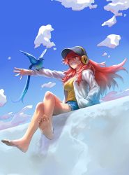 Rule 34 | 10s, 1girl, amou kanade, barefoot, baseball cap, bird, blue sky, breasts, cloud, commentary request, cutoffs, day, feet, full body, hand in pocket, hat, headphones, highres, hood, hoodie, crossed legs, long hair, murakami hisashi, outdoors, outstretched arm, red eyes, red hair, senki zesshou symphogear, shirt, shorts, sitting, sky, smile, solo, toes, very long hair, yellow shirt