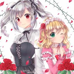 Rule 34 | 2girls, armlet, black ribbon, blonde hair, blush, bow, choker, commentary request, corset, cross-laced clothes, dated, dress, drill hair, finger to mouth, flower, frilled choker, frilled ribbon, frills, gothic lolita, green eyes, hair flower, hair ornament, hair ribbon, hairband, idolmaster, idolmaster cinderella girls, idolmaster cinderella girls starlight stage, juliet sleeves, kanzaki ranko, lolita fashion, lolita hairband, long hair, long sleeves, looking at viewer, mitsu masaya, multiple girls, neck ribbon, one eye closed, petals, pink ribbon, plant, puffy sleeves, red bow, red eyes, ribbon, rose, rose petals, sakurai momoka, shirt, short hair, sidelocks, signature, silver hair, simple background, skirt, smile, twin drills, twintails, upper body, vines, wavy hair, white background