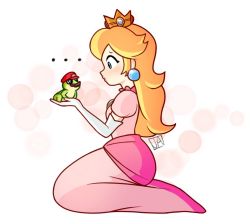 Rule 34 | ..., 1boy, 1girl, artist name, blonde hair, blue eyes, blue gemstone, blush, breasts, brooch, carrying, circle, closed mouth, crown, dress, earrings, elbow gloves, eye contact, facial hair, frog, from side, full body, gem, gloves, hat, jewelry, long dress, long hair, looking at another, mario, mario (series), mustache, nintendo, nose, peach-odyssey, pink dress, possessed, princess, princess peach, puffy short sleeves, puffy sleeves, red headwear, seiza, short sleeves, simple background, sitting, small breasts, super mario odyssey, thick lips, white background, white gloves