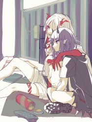 Rule 34 | 2girls, arknights, arm around neck, bandeau, black footwear, book, boots, controller, eating, fang, food, from side, gameyaruzaurus, highres, hood, hood down, horns, lava (arknights), lava the purgatory (arknights), mouth hold, multiple girls, navel, nian (arknights), official alternate costume, on floor, open mouth, pointy ears, purple eyes, purple hair, red bandeau, red eyes, red hair, remote control, shorts, sitting, skin fang, white hair, white shorts