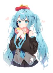 Rule 34 | 1girl, bad id, bad pixiv id, bare shoulders, blue eyes, blue hair, blue necktie, blush, box, closed mouth, detached sleeves, gift, gift box, grey shirt, hatsune miku, heart, heart-shaped box, highres, holding, holding gift, long hair, long sleeves, looking at viewer, necktie, number tattoo, on head, ongyageum, shirt, shoulder tattoo, simple background, solo, tattoo, twintails, upper body, very long hair, vocaloid, white background, wide sleeves