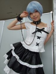 Rule 34 | 1girl, alternate costume, asian, ayanami rei, black skirt, blue hair, breasts, collar, color contacts, cosplay, frilled skirt, frills, goth fashion, indoors, lace, leash, looking at viewer, makeup, mascara, miniskirt, namada, neon genesis evangelion, photo (medium), red eyes, short hair, skirt, small breasts, solo, standing