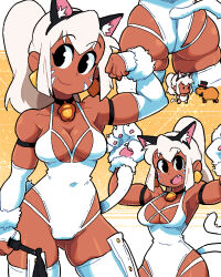 Rule 34 | 1girl, animal ears, animal hands, arm up, ass, bare shoulders, bell, black choker, black eyes, breasts, capybara, cat ears, cat tail, choker, cleavage, covered navel, cowboy shot, detached sleeves, earrings, fake animal ears, fang, flexing, gloves, highres, holding, jewelry, leotard, looking at viewer, medium breasts, mia (scott malin), multiple views, neck bell, open mouth, original, paw gloves, scott malin, skindentation, smile, tail, thighhighs, white leotard, white sleeves, white tail, white thighhighs