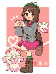 Rule 34 | :d, alcremie, backpack, bag, beanie, boots, border, brown bag, brown eyes, brown footwear, brown hair, closed eyes, creatures (company), evolutionary line, game freak, gen 8 pokemon, gloria (pokemon), green socks, grey sweater, hat, heart, heart hands, highres, kokashiho, medium hair, milcery, nintendo, open mouth, parted bangs, pink background, pink skirt, pokemon, pokemon (creature), pokemon swsh, skirt, smile, socks, solid oval eyes, standing, standing on one leg, sweater, white border
