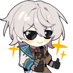 Rule 34 | 1boy, black gloves, brown jacket, closed mouth, earrings, gloves, highres, honkai (series), honkai impact 3rd, jacket, jewelry, long sleeves, lyle collodi (honkai impact), multicolored clothes, multicolored jacket, official art, short hair, solo, sunglasses, thumbs up, transparent background, upper body, white hair, white jacket