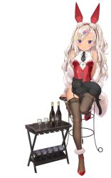 Rule 34 | 1girl, animal, animal ears, archerfish (azur lane), archerfish (coquettish bunny) (azur lane), azur lane, bare shoulders, bird, black thighhighs, bottle, breasts, cat, chick, closed mouth, cocktail glass, cup, drinking glass, fake animal ears, feather boa, garter straps, hairband, highleg, highleg leotard, highres, kani biimu, leg up, leotard, long hair, looking at viewer, manjuu (azur lane), medium breasts, necktie, off shoulder, official alternate costume, official art, one side up, playboy bunny, purple eyes, rabbit ears, red footwear, red leotard, shoes, short necktie, silver hair, sitting, smile, solo, stool, tan, tanline, thighhighs, thighs, transparent background, wavy hair, wing collar