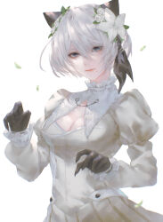 1girl 2b_(nier:automata) animal_ears artist_name black_gloves blue_eyes breasts cleavage cleavage_cutout closed_mouth clothing_cutout collar collared_dress dress flower frilled_collar frilled_dress frills gloves hair_flower hair_ornament highres juliet_sleeves kemonomimi_mode long_sleeves looking_at_viewer medium_breasts mole mole_under_mouth nier:automata nier_(series) puffy_sleeves short_hair simple_background solo white_background white_dress white_flower yct_(yoct_o)