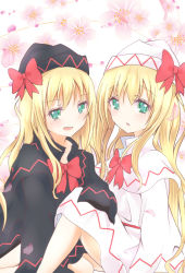 Rule 34 | 2girls, blonde hair, blush, bow, capelet, flower, green eyes, hat, hat bow, heart, heart-shaped pupils, highres, lily black, lily white, long hair, mickeysmith, multiple girls, open mouth, petals, symbol-shaped pupils, touhou, very long hair