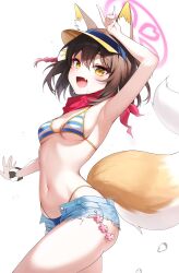 Rule 34 | 1girl, absurdres, animal ear fluff, animal ears, arm up, armpits, bikini, blue archive, blush, breasts, brown hair, commentary, cowboy shot, fang, fox ears, fox girl, fox tail, grey shorts, hair between eyes, hair ornament, halo, highres, izuna (blue archive), izuna (swimsuit) (blue archive), looking at viewer, medium breasts, navel, open fly, open mouth, pink halo, red scarf, rope, scarf, scrunchie, shimenawa, short hair, shorts, simple background, skin fang, smile, solo, stomach, striped bikini, striped clothes, swimsuit, tail, thighs, v, white background, wrist scrunchie, yaho (a01085748817)