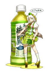 Rule 34 | 1girl, alternate color, alternate costume, bottle, expressionless, female focus, geta, green eyes, green tea, hand fan, hat, leaf, looking at viewer, low wings, name connection, object namesake, oso (toolate), pointy ears, shameimaru aya, shirt, short hair, skirt, solo, striped clothes, striped shirt, striped skirt, tea, tengu-geta, tokin hat, touhou, white hair, wings