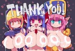 Rule 34 | 3girls, :d, blonde hair, blue eyes, blue hair, blush, bow, breasts, character request, closed mouth, disgaea, dragon quest, dragon quest x, elf (dq10), fangs, hair bow, hat, heart, highres, hood, hood up, huge breasts, inverted nipples, looking at viewer, mage (disgaea), maid headdress, medium hair, milestone celebration, multiple girls, navel, necktie, nipples, open mouth, parted lips, pink eyes, pink hair, pointy ears, red bow, red neckwear, smile, thank you, upper body, yellow eyes, zankuro