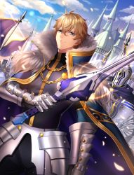 Rule 34 | 10s, 1boy, ahoge, armor, black shirt, blonde hair, blue cape, blue eyes, blue sky, cape, castle, closed mouth, cloud, cloudy sky, day, excalibur galatine (fate), fate/extra, fate/grand order, fate (series), flag, fur-trimmed cape, fur trim, gauntlets, gawain (fate), holding, holding sword, holding weapon, knight, looking at viewer, male focus, petals, polearm, shirt, short hair, sky, solo, sorao (ichhimo), sparkle, spear, sunlight, sword, weapon