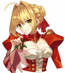 Rule 34 | &gt;:), 10s, 1girl, ahoge, ashiwara yuu, blonde hair, blush, bow, braid, breasts, cleavage, closed mouth, dress, epaulettes, fate/extra, fate (series), fingernails, flower, green eyes, hair between eyes, hair bow, hair bun, hair intakes, head tilt, holding, holding flower, juliet sleeves, long sleeves, medium breasts, nero claudius (fate), nero claudius (fate) (all), nero claudius (fate/extra), puffy sleeves, red bow, red dress, red flower, red rose, rose, see-through, sidelocks, single hair bun, smile, solo, upper body, v-shaped eyebrows, wide sleeves