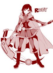 Rule 34 | 1girl, boots, cape, copyright name, cross, dress, full body, monochrome, pantyhose, red theme, ruby rose, rwby, scythe, shinoasa, short hair, smile, solo, weapon, white background