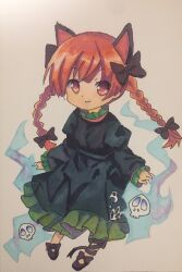 Rule 34 | 1girl, black bow, black footwear, black ribbon, bow, braid, closed mouth, commentary request, dress, fint, footwear bow, frilled dress, frills, green dress, hair bow, highres, hitodama, kaenbyou rin, leg ribbon, long hair, looking at viewer, marker (medium), red eyes, red hair, ribbon, side braids, simple background, skull, smile, solo, touhou, traditional media, twin braids