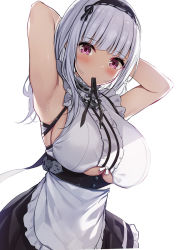 Rule 34 | 1girl, anchor choker, apron, armpits, arms up, azur lane, bare shoulders, black hairband, black ribbon, black skirt, blunt bangs, blush, breasts, dido (azur lane), dress, dutch angle, frills, hairband, large breasts, long hair, looking at viewer, mouth hold, pink eyes, ribbon, silver hair, simple background, skirt, sleeveless, solo, sweat, underboob, upper body, white apron, white background, white dress, xe (execut3r)