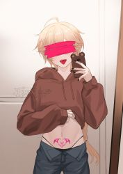 Rule 34 | 1boy, aether (genshin impact), blonde hair, blouse, blush, braid, censored, clothes lift, genshin impact, hair between eyes, hair ornament, highres, hood, hoodie, long sleeves, multiple boys, navel, open clothes, open mouth, open shirt, oxygen (0220), panties, pants, phone, pubic tattoo, shirt, shirt lift, short hair, simple background, smartphone case, smile, stomach, tattoo, tongue, tongue out, twitter username, underwear, wall, yaoi