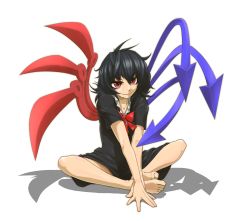 Rule 34 | 1girl, asymmetrical wings, bare legs, barefoot, black hair, butterfly sitting, didloaded, dress, feet, female focus, full body, houjuu nue, knees apart feet together, red eyes, ribbon, shadow, simple background, sitting, smile, solo, touhou, wings