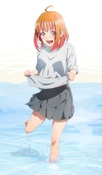 Rule 34 | 1girl, absurdres, artist name, artist request, bare legs, barefoot, blush, braid, breasts, collarbone, feet, female focus, grey skirt, highres, holding, holding clothes, holding shirt, looking at viewer, love live!, love live! sunshine!!, medium breasts, miniskirt, nail, nail polish, ocean, orange hair, orange nails, parted lips, plaid, plaid skirt, pleated, pleated skirt, red eyes, shirt, short hair, side braid, skirt, smile, solo, standing, standing on one leg, takami chika, white background, white shirt