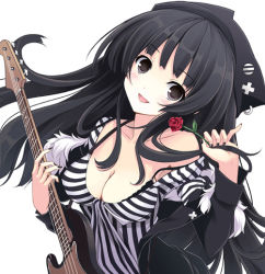 Rule 34 | 1girl, black hair, breasts, cleavage, flower, guitar, hat, instrument, long hair, medium breasts, mikoto akemi, rose, smile, solo, striped, vertical stripes