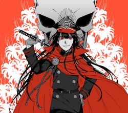 Rule 34 | 1girl, belt, buttons, cape, fate (series), flower, gloves, greyscale, grin, hand on own hip, hand up, hat, holding, holding sword, holding weapon, katana, koha-ace, long hair, long sleeves, looking at viewer, military uniform, monochrome, noz 2to, oda nobunaga (fate), oda nobunaga (koha-ace), oda uri, parted lips, peaked cap, red background, red cape, red eyes, red theme, silhouette, simple background, skull, smile, solo, spider lily, spot color, sword, uniform, upper body, weapon