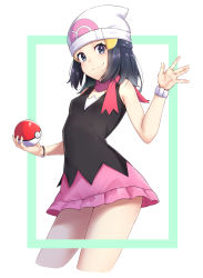 Rule 34 | 1girl, absurdres, black eyes, black hair, black shirt, bracelet, closed mouth, cowboy shot, creatures (company), cropped legs, dawn (pokemon), game freak, hat, highres, holding, holding poke ball, jewelry, long hair, looking at viewer, m.tokotsu, miniskirt, nintendo, pink skirt, poke ball, poke ball print, pokemon, pokemon dppt, print headwear, red scarf, scarf, shirt, skirt, sleeveless, sleeveless shirt, smile, smug, solo, standing, white background, white hat