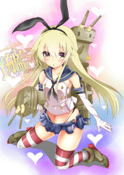 Rule 34 | 10s, 1girl, :3, abusoru, blonde hair, elbow gloves, gloves, kantai collection, long hair, looking at viewer, panties, personification, pleated skirt, rensouhou-chan, shimakaze (kancolle), skirt, socks, solo, striped clothes, striped socks, striped thighhighs, thighhighs, underwear, | |, || ||