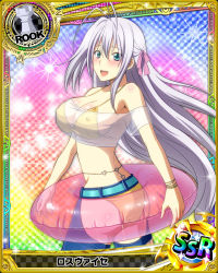 Rule 34 | 10s, 1girl, alternate costume, antenna hair, artist request, ass, bikini, blue eyes, bracelet, breasts, card (medium), character name, chess piece, cleavage, covered erect nipples, hair ribbon, high school dxd, huge breasts, innertube, jewelry, long hair, official art, ribbon, rook (chess), rossweisse, silver hair, solo, swim ring, swimsuit, trading card, twisted torso, very long hair, yellow bikini