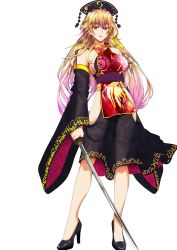 Rule 34 | 1girl, absurdres, adapted costume, arm at side, bare shoulders, black dress, black footwear, blonde hair, breasts, chinese clothes, collarbone, colored eyelashes, contrapposto, detached sleeves, dress, full body, high heels, highres, hip vent, holding, holding sword, holding weapon, junko (touhou), katana, large breasts, lips, long hair, long sleeves, looking at viewer, obi, red eyes, revision, sash, see-through, see-through skirt, shoes, sideboob, simple background, skirt, solo, standing, sword, tabard, tk31, touhou, transparent background, very long hair, wavy hair, weapon, white background, wide sleeves