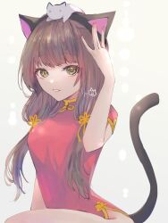 Rule 34 | 1girl, \||/, animal, animal ears, animal on head, arm at side, asakura karen (heaven burns red), brown hair, cat, cat ears, cat girl, cat on head, commentary request, dress, eyelashes, fake animal ears, grey background, hair between eyes, hand up, heaven burns red, highres, hip vent, light blush, long hair, looking at viewer, low-tied long hair, low twintails, on head, parted lips, red dress, rin 0101010, short dress, short sleeves, signature, simple background, solo, tail raised, twintails, upper body, very long hair, yellow eyes