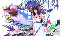 Rule 34 | 1girl, arm up, black eyes, chainsaw man, closed mouth, commentary, coral, cowboy shot, dress, emzok, english commentary, fish, head wreath, highres, holding, holding polearm, holding trident, holding weapon, large hat, long hair, looking at viewer, mitaka asa, palm tree, polearm, shark, sleeveless, sleeveless dress, tree, weapon, white background, white dress, white headwear