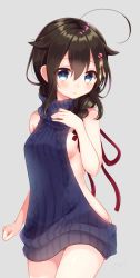 Rule 34 | 10s, 1girl, ahoge, alternate costume, backless dress, backless outfit, bare arms, bare shoulders, black hair, blue eyes, braid, breasts, clenched hand, commentary request, cowboy shot, dress, emilion, hair between eyes, hair flaps, hair ornament, hair over shoulder, halterneck, highres, kantai collection, long hair, looking at viewer, meme attire, naked sweater, no bra, shigure (kancolle), shigure kai ni (kancolle), sideboob, simple background, single braid, solo, sweater, sweater dress, turtleneck, virgin killer sweater