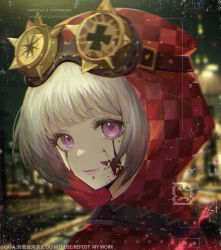 Rule 34 | 1girl, alternate costume, blood, blood on face, bloody tears, closed mouth, commentary request, dated, from side, grey hair, highres, hood, hood up, hoodie, identity v, looking at viewer, official alternate costume, pink eyes, plaid hoodie, portrait, qgailz, red hoodie, short hair, smile, solo, tracy reznik, tracy reznik (red riding hood)