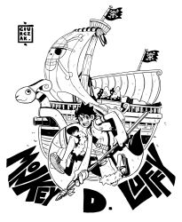 Rule 34 | 1boy, character name, dan ciurckzak, going merry, greyscale, jolly roger, male focus, monkey d. luffy, monochrome, one piece, pirate ship, polearm, sandals, ship, shorts, signature, spear, straw hats jolly roger, vest, watercraft, weapon