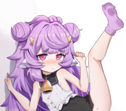 Rule 34 | 1girl, animal ears, bare shoulders, bell, blush, boppin, commission, covered erect nipples, cow ears, cropped, double bun, feet, flat chest, hair bun, highres, leg up, mole, mole on thigh, muu muyu, paid reward available, phase connect, pink eyes, purple hair, shirt, skirt, sleeveless, sleeveless shirt, socks, soles, solo, virtual youtuber, white background
